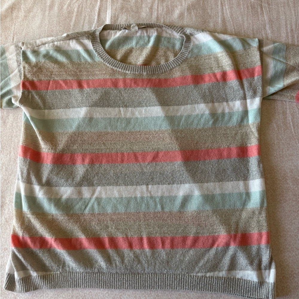 LOFT Beige and Light Blue Striped Sweater